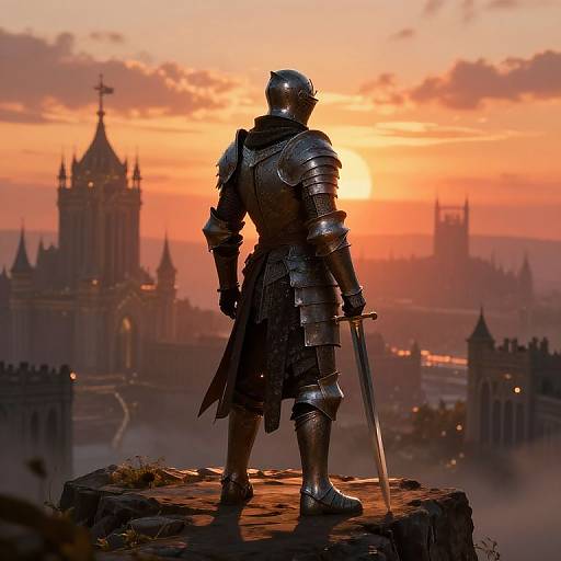 Solitary Battle-Scarred Knight at Sunset