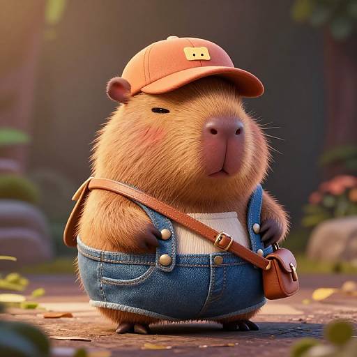 CGI image of a cute, chubby hamster wearing a tan baseball cap, denim overalls, white shirt, and brown satchel, standing