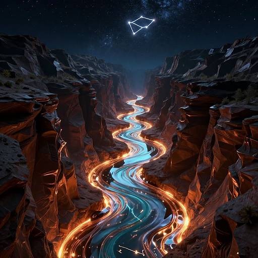 Digital artwork of a glowing, winding river through a dark, rocky canyon at night, with a starry sky and constellation.