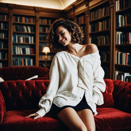 Smiling Woman on Red Velvet Couch in Library