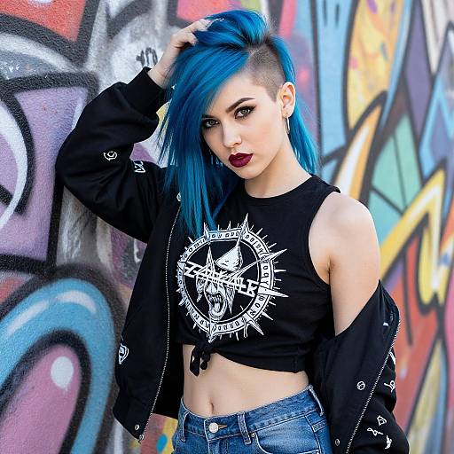 Edgy Blue-Haired Woman Against Graffiti