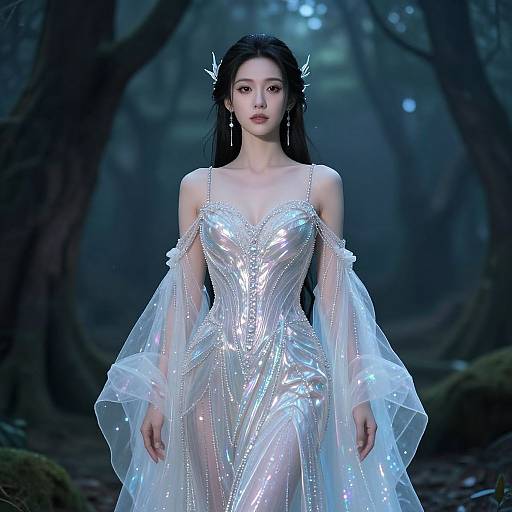 Digital CGI image of an ethereal Asian woman in a shimmering silver dress with sheer white sleeves, standing in a dark, misty forest, adorned