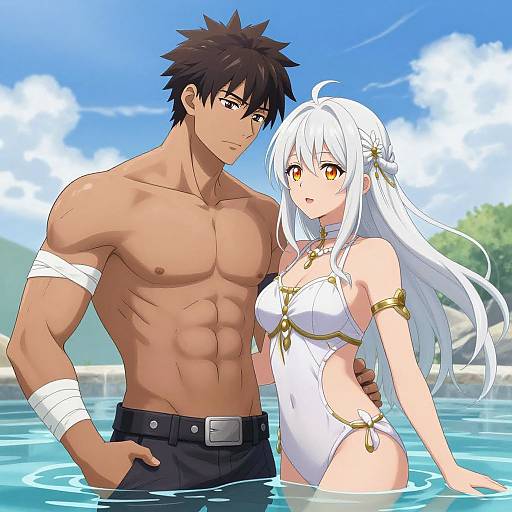 Anime-style digital drawing: muscular, dark-haired man with bandages, black pants, and white swimsuit; white-haired, amber-eyed woman in revealing
