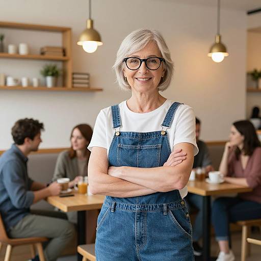 Photograph of an elderly woman with short gray hair, black glasses, white shirt, and blue denim overalls, smiling confidently in a cozy café with