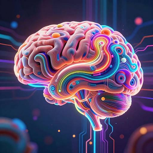 Digital CGI artwork of a glowing, neon-colored human brain with vibrant rainbow and blue lines, set against a dark, circuit-like background.