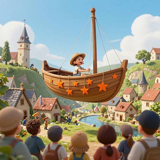 Digital illustration of a smiling child in a wooden boat with orange stars, suspended above a colorful, whimsical village with cottages, a river, and