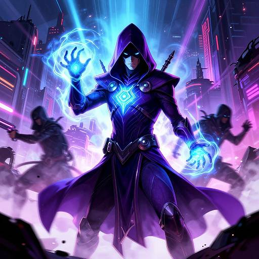 Digital artwork of a hooded, masked figure with glowing blue energy hands, futuristic cityscape backdrop, neon lights, and shadowy figures attacking. Dynamic