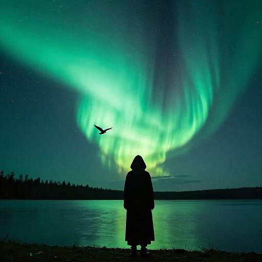 Silhouetted figure in hooded coat stands by lakeside, gazing at vibrant green and blue Northern Lights, with a bird flying above.
