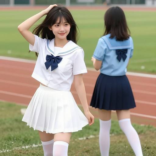 Photograph of two Asian schoolgirls in white and blue sailor uniforms on a grassy track field, with one girl in the foreground smiling and touching her