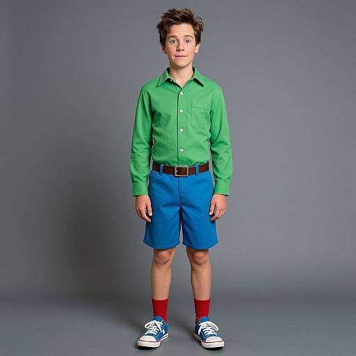 Photograph of a young boy with short, dark hair, wearing a green button-up shirt, blue shorts, red socks, and blue sneakers, standing