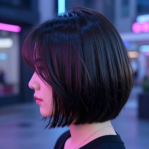 Photograph of a young woman with a sleek, black, chin-length bob haircut, illuminated by neon pink and blue city lights.