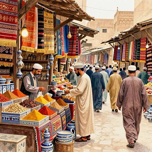 Colorful market scene in a Middle Eastern bazaar, men in traditional clothing, vibrant spices, patterned textiles, and hanging lanterns. Bustling