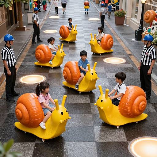 Photograph of children riding oversized yellow and orange snail-shaped ride-on toys on a checkered black-and-gray tiled pedestrian walkway with adult supervisors in
