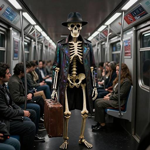 Photograph of a skeleton in a black leather trench coat and hat, carrying a brown suitcase, standing on a crowded subway car.
