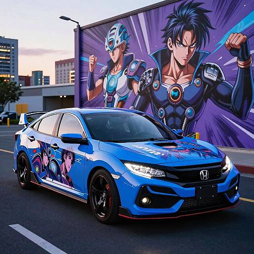 Photorealistic anime-themed blue Honda sedan, adorned with Dragon Ball Z characters, drives past a vibrant wall mural of Goku and Vegeta. Urban city