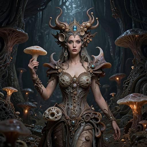 Digital fantasy artwork of a regal, pale-skinned woman with ornate horned crown, holding a mushroom, in a dark forest with glowing fungi