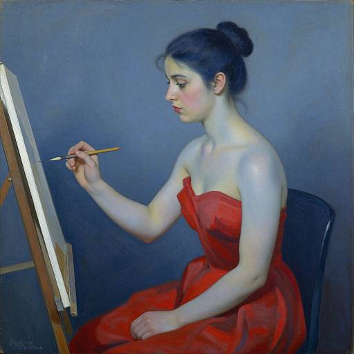 Woman Painting Blue Girl in Red Dress