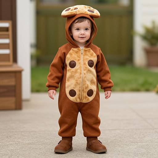 Photograph of a smiling toddler in a brown and beige plush onesie with mushroom hat, standing on a suburban sidewalk.