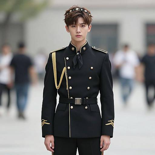 Photograph of a young Asian male in a formal black military-style uniform with gold accents, standing in a blurred outdoor setting.