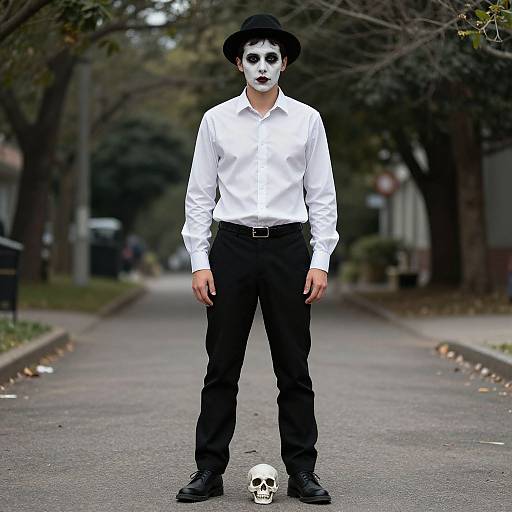 Photograph of a man with white face paint, black hat, white shirt, black pants, standing on street with small skull at feet.