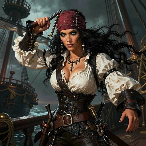Digital artwork of a fierce, black-haired pirate woman with large breasts, wearing a maroon bandana, white blouse, and brown corset, holding