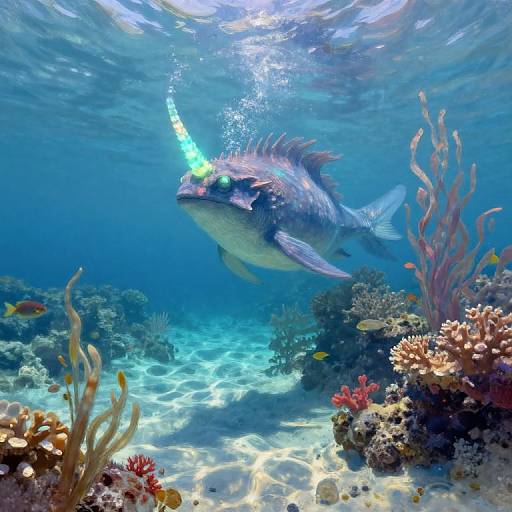 Photograph of a vibrant blue fish with a glowing green nose swimming over a colorful coral reef underwater, illuminated by sunlight.