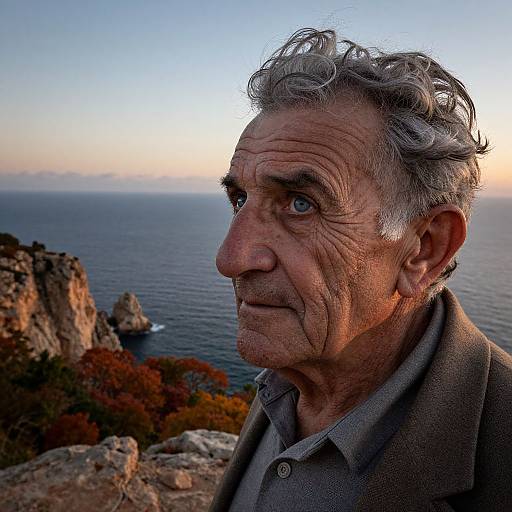 Photograph of an elderly man with curly gray hair, deep wrinkles, and blue eyes, standing against a sunset over a rocky coastal landscape. He wears