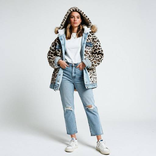 Woman in Leopard Print Faux Fur Coat with Denim Jeans