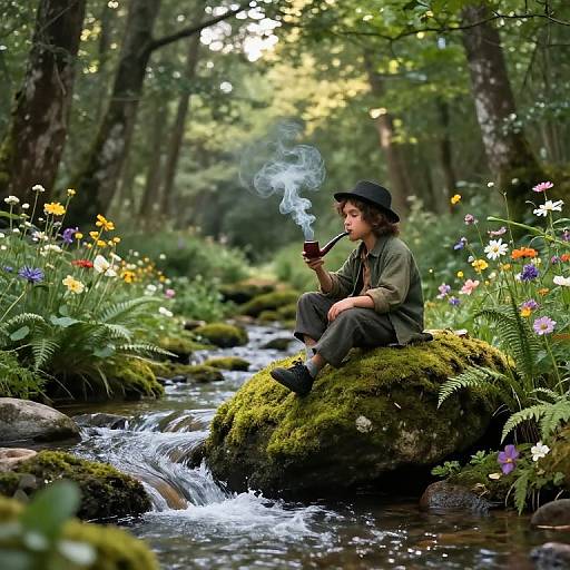 Photograph of a young man in a green shirt and black hat, smoking a pipe, sitting on a mossy rock by a clear forest stream with