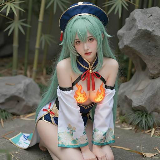 Green-Haired Anime Woman with Flames