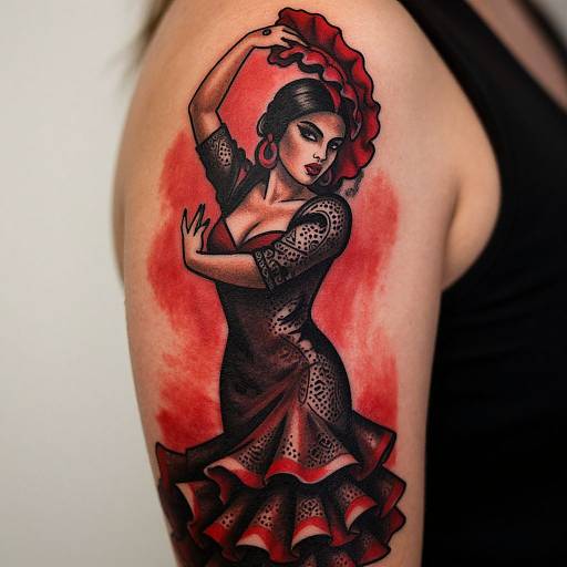 Tattoo of a Latina woman with dark hair, wearing a black lace dress, holding a red rose, against a red background, on a human