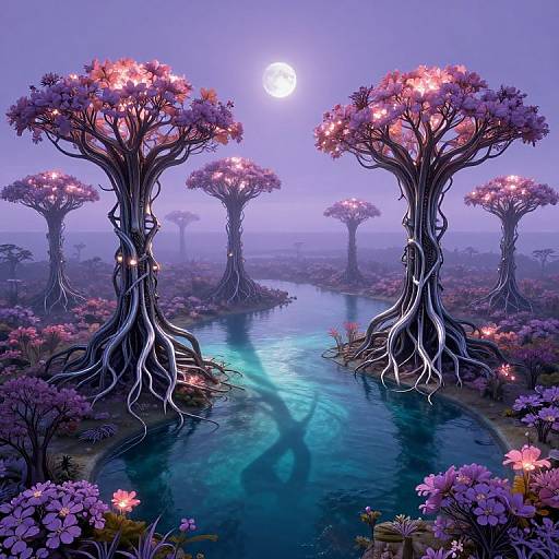 Digital fantasy artwork of glowing, tree-like structures with exposed roots, surrounding a glowing blue river under a full moon in a mystical, purple-hued forest