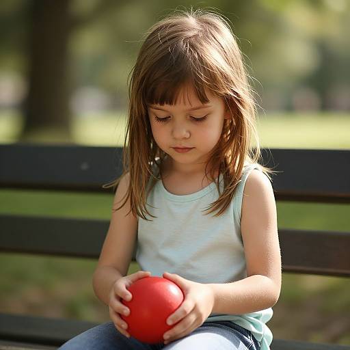 Photograph of a young girl with light brown hair, wearing a white tank top and blue jeans, intently focusing on a red ball she holds in