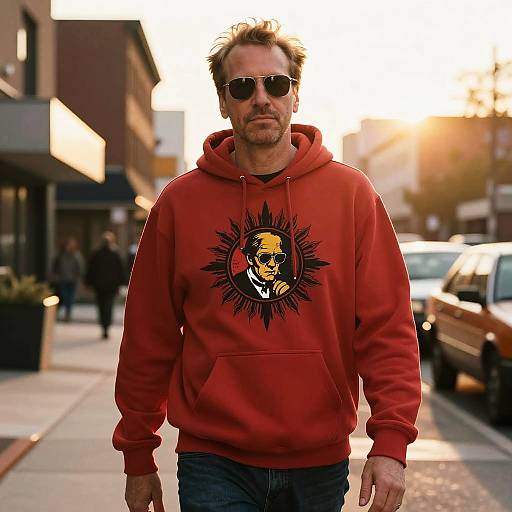 Man in Hoodie Walking in Urban Sunset