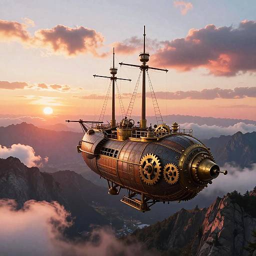 Steampunk Airship Over Mountain Sunset
