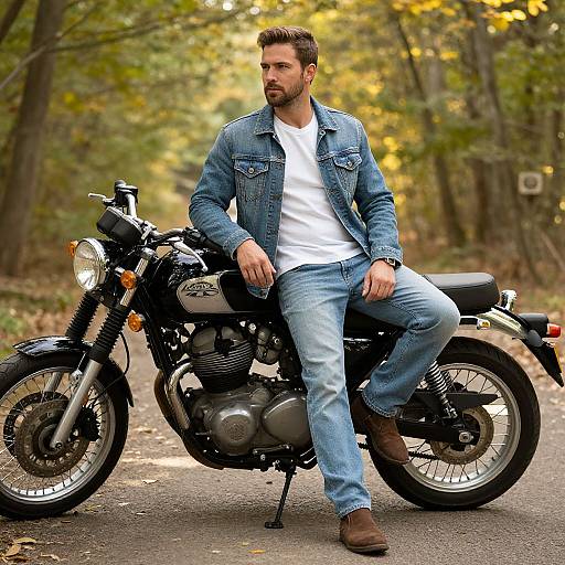 Handsome Man Leaning on Classic Motorcycle
