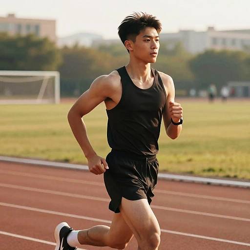 Photograph of a young Asian male runner in black tank top and shorts, mid-stride on a red track, with blurred green field and goalpost
