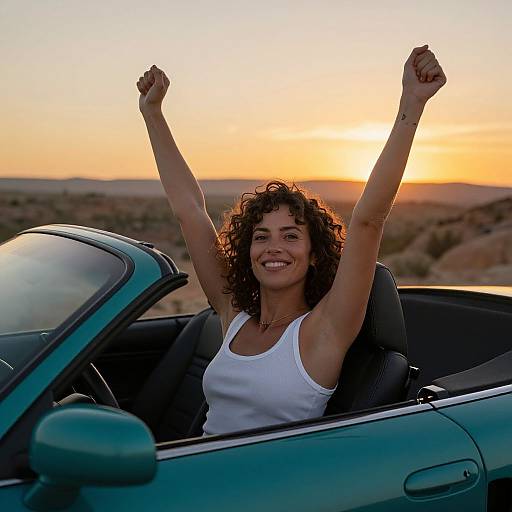 Photograph of a smiling curly-haired woman with raised arms, wearing a white tank top, in a green convertible at sunset.