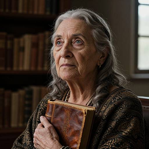 Photograph of an elderly woman with long gray hair, wearing a patterned brown sweater, holding a worn leather book, seated in a dimly lit