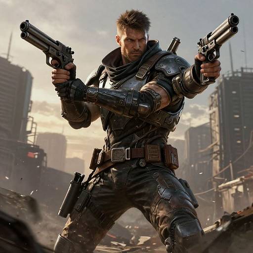 Digital artwork of a muscular, bearded man in black armored gear, dual-wielding pistols, in a post-apocalyptic cityscape with tall buildings and
