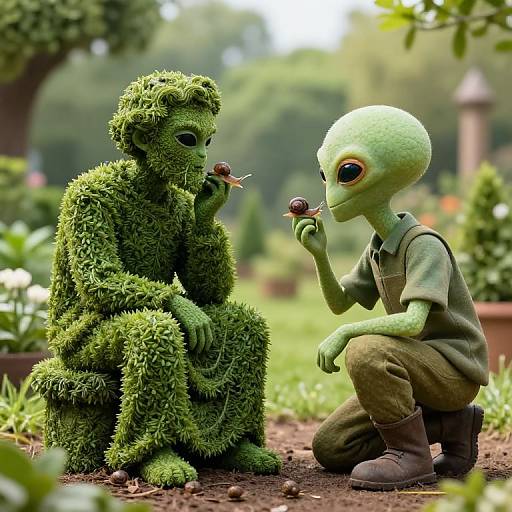Photorealistic CGI: Green alien with large eyes and green skin in a shirt and pants, kneels, feeding a tiny worm to a mossy