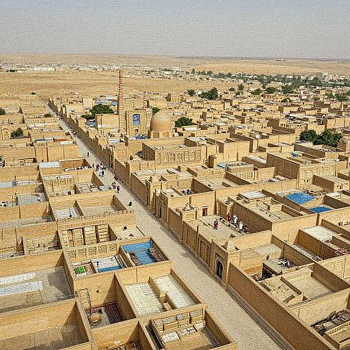 Aerial photograph of a sunlit, beige desert city with flat-roofed, rectangular buildings, narrow streets, a tall minaret, and sparse