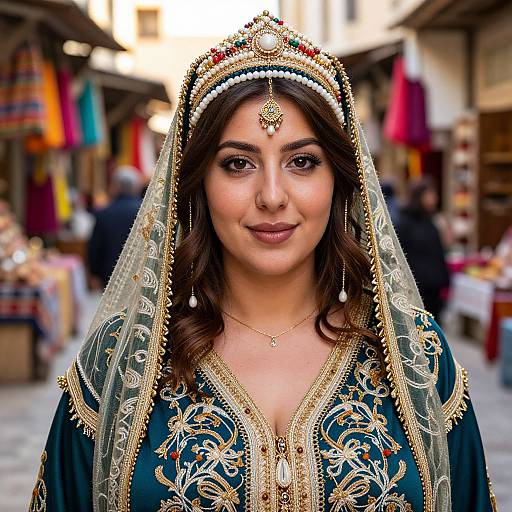 Photograph of a South Asian woman in traditional, ornate green and gold embroidered attire with a veil, standing in a colorful, bustling marketplace.