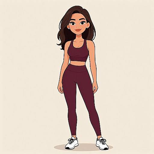 Digital cartoon of a smiling, light-skinned woman with long black hair, wearing a black sports bra, high-waisted maroon leggings, and