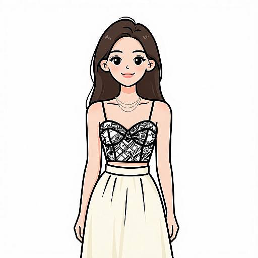 Digital drawing of a young Asian woman with long black hair, wearing a black and white patterned strapless top and a white flowing skirt, smiling with