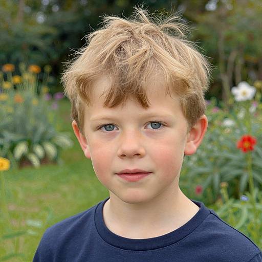 Photograph of a young boy with light blond, slightly messy hair, blue eyes, fair skin, wearing a black shirt, standing in a colorful,
