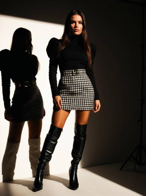 Contemporary Chic Woman in Puff Sleeve Top and Houndstooth Skirt
