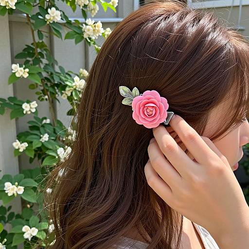 Photograph of a woman with brown hair wearing a pink rose hair clip with a butterfly, set against a background of white flowers and green leaves.