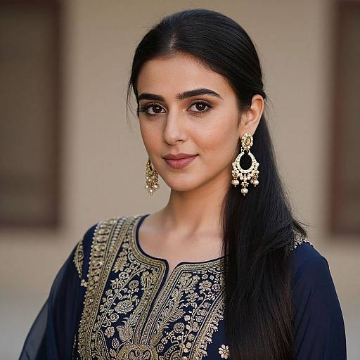 Photograph of a young South Asian woman with long black hair, brown eyes, and medium skin tone, wearing a black embroidered kurta and ornate
