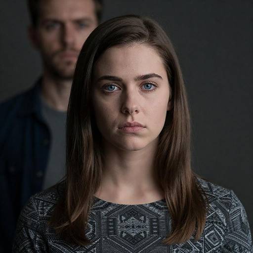 Serious Young Woman with Background Figure